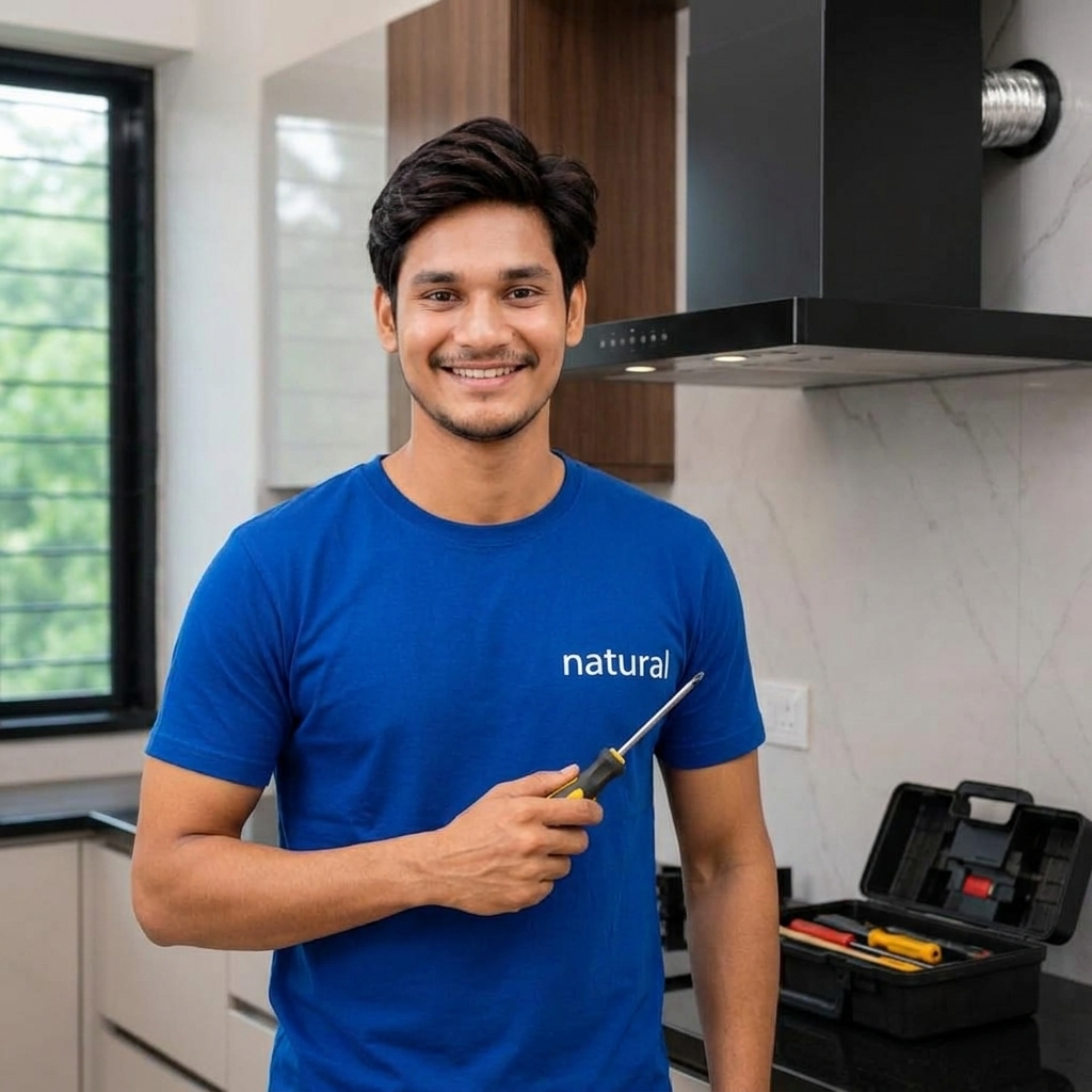 Indian technician repairing wall-mounted kitchen chimney in a modern home kitchen